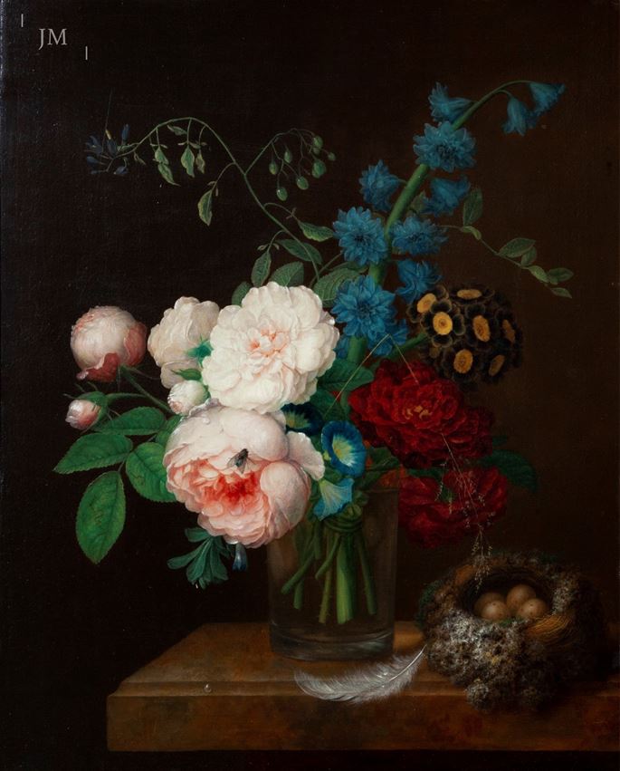 Georg Frederik Ziesel - Still lifes depicting roses, auriculae, morning glory and other flowers in a glass vase on a marble ledge - a pair | MasterArt